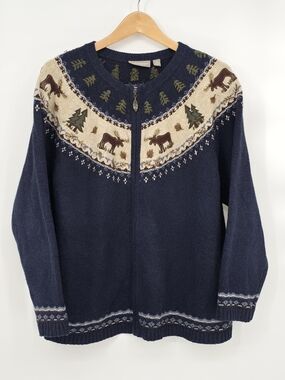 Croft & Barrow Vintage Moose Zip Embroidered Cardigan Wool Angora Cabincore 1X